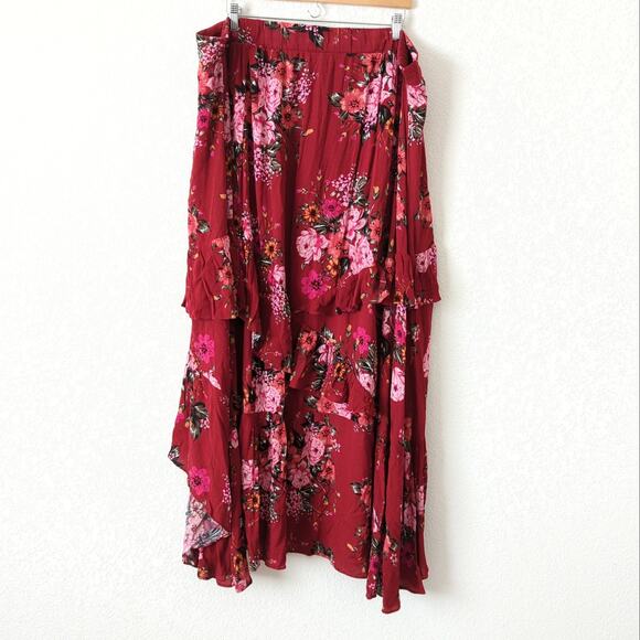 Torrid Womens High Low Floral Skirt Red Pink Size 3 3X Plus Ruffle Midi Summer - Picture 2 of 8